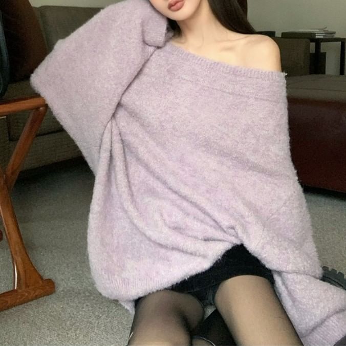 Off Shoulder Oversized Sweater Drop Belt Plain /