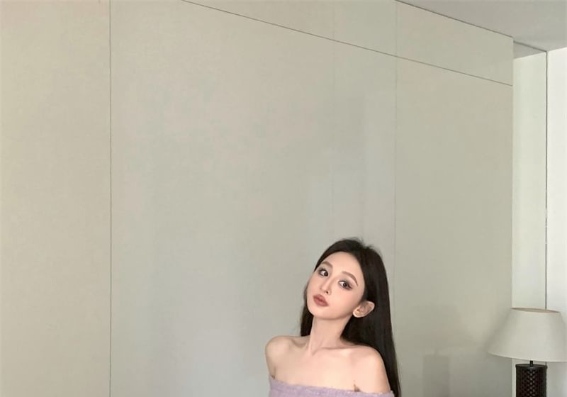 Off Shoulder Oversized Sweater Drop Belt Plain /