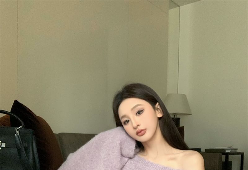 Off Shoulder Oversized Sweater Drop Belt Plain /