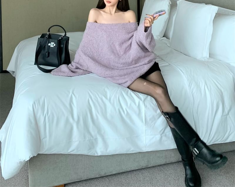 Off Shoulder Oversized Sweater Drop Belt Plain /