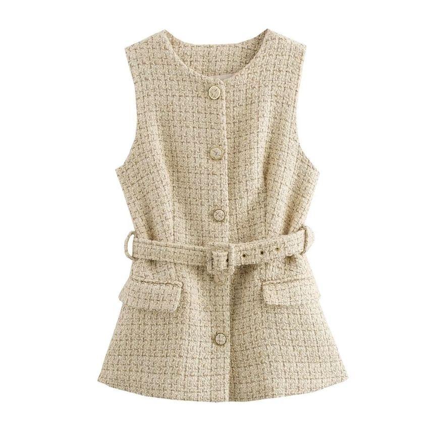 Round Neck Tweed Belted Button Vest