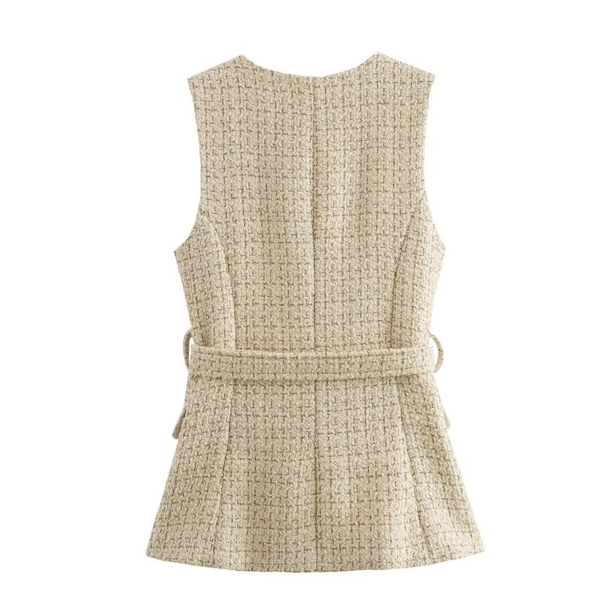 Round Neck Tweed Belted Button Vest
