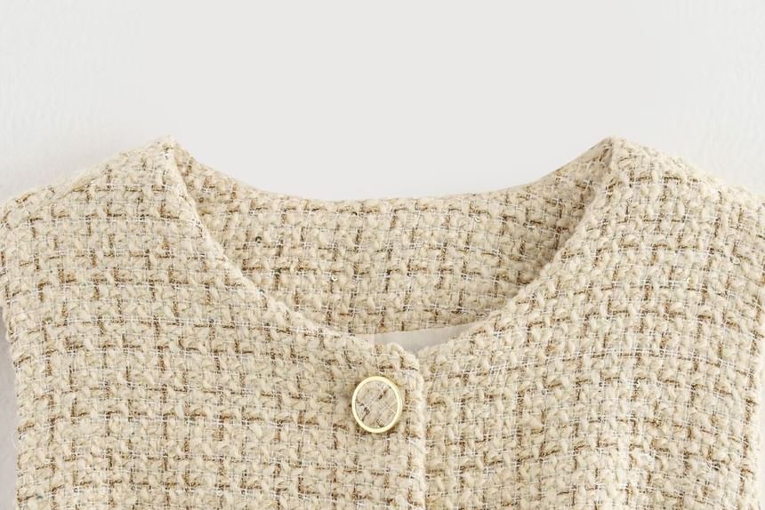 Round Neck Tweed Belted Button Vest
