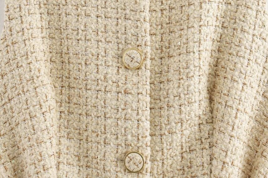 Round Neck Tweed Belted Button Vest