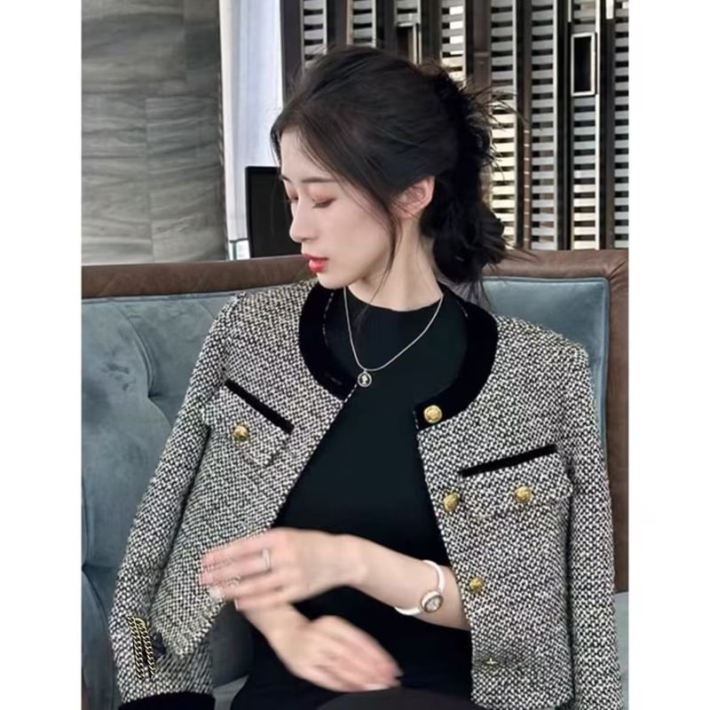 Crew Neck Contrast Trim Button-Up Tweed Crop Jacket