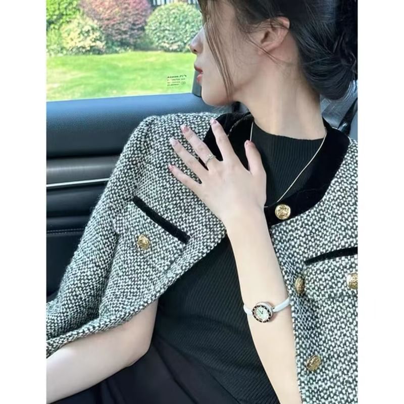 Crew Neck Contrast Trim Button-Up Tweed Crop Jacket