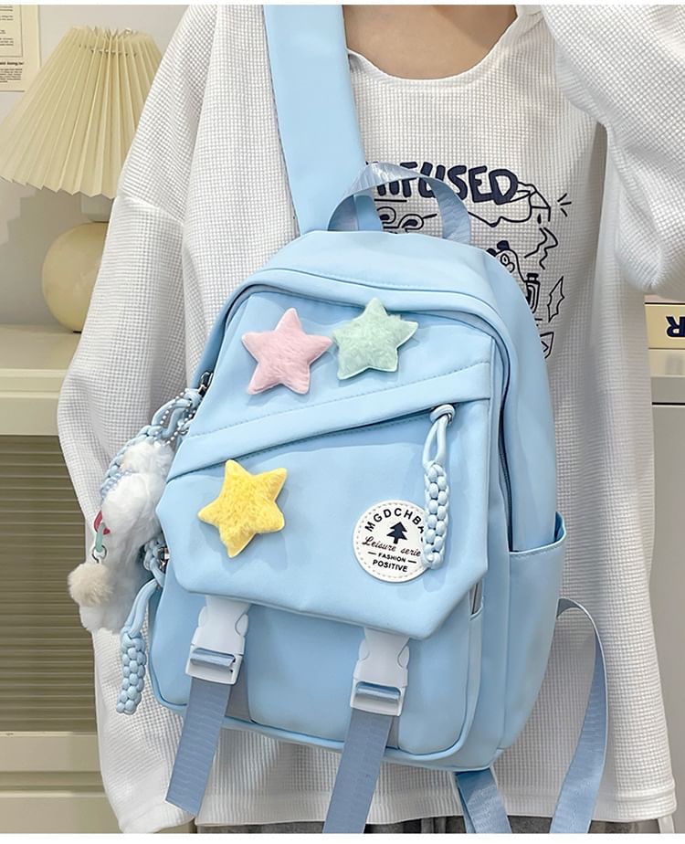 Lettering Applique Nylon Laptop Backpack / Star Badge / Bag Charm / Set