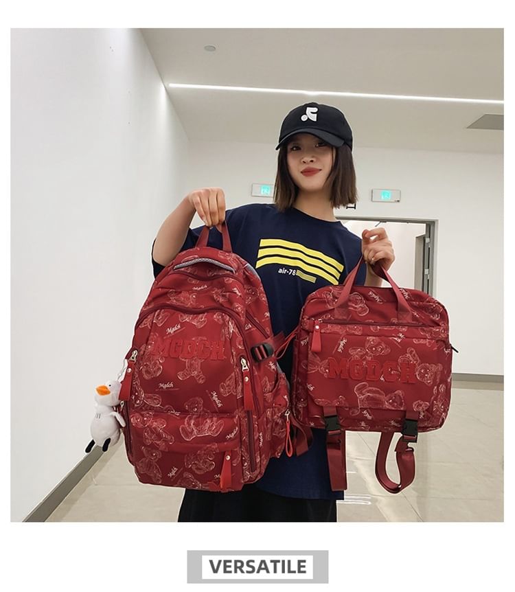 Bear Print Lettering Applique Nylon Laptop Backpack / Tote Bag / Bag Charm / Set