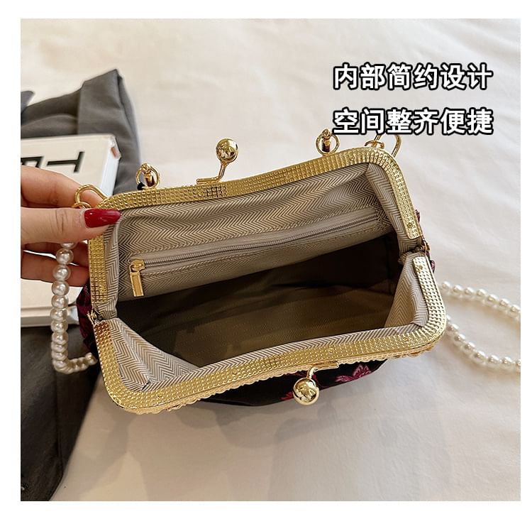 Faux Pearl Strap Kiss Lock Floral Embroidered Tassel Crossbody Bag