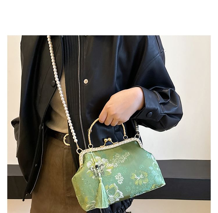 Faux Pearl Strap Kiss Lock Floral Embroidered Tassel Crossbody Bag
