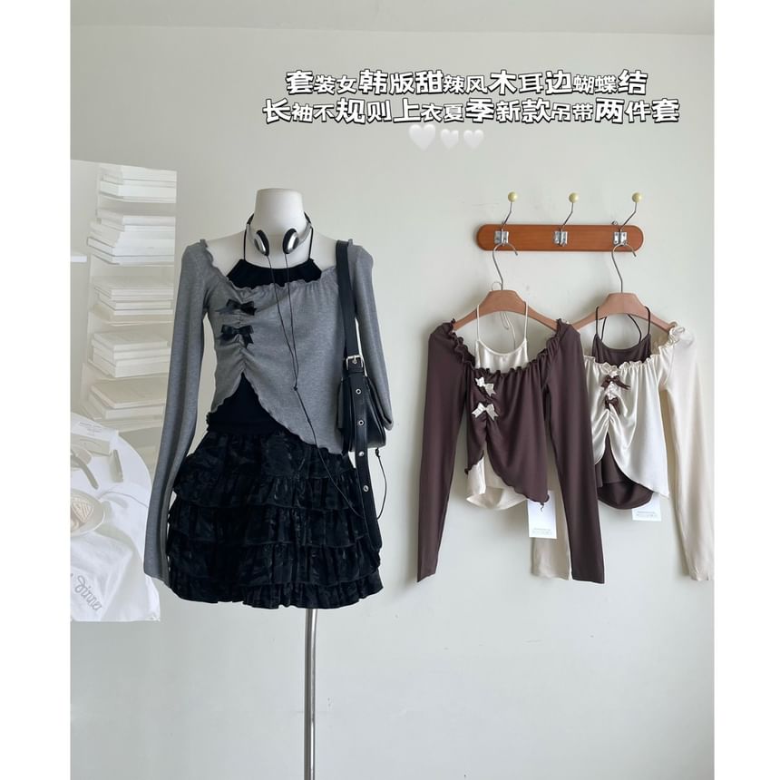 Crop A-Line Top / Neck Square Mini Asymmetrical Long-Sleeve Set Halter Skirt