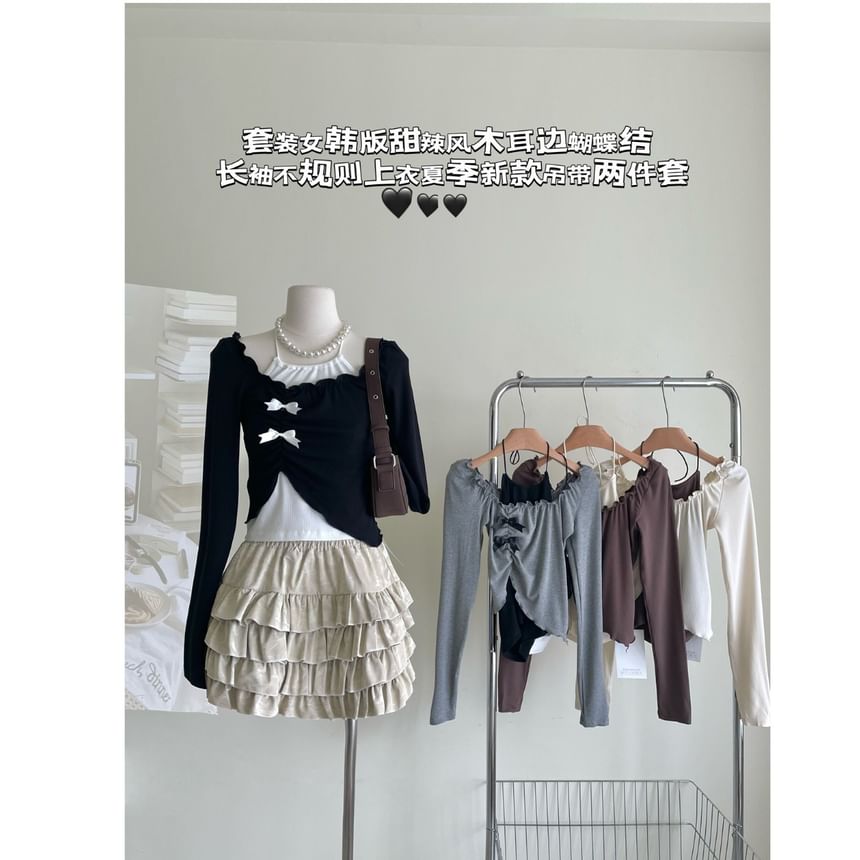 Crop A-Line Top / Neck Square Mini Asymmetrical Long-Sleeve Set Halter Skirt