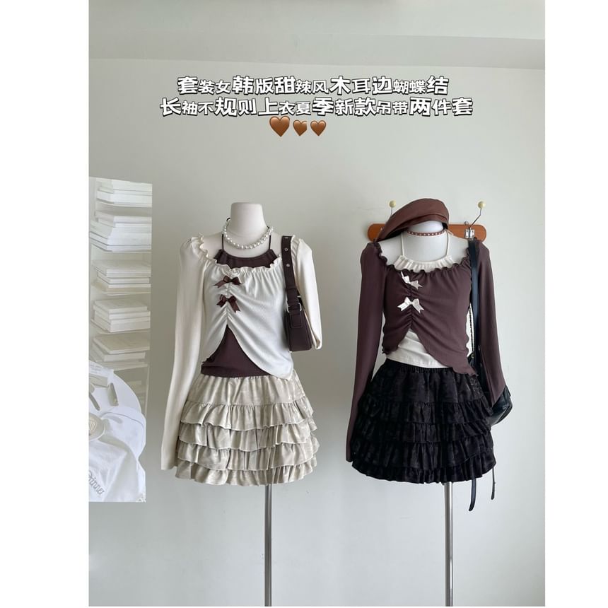 Crop A-Line Top / Neck Square Mini Asymmetrical Long-Sleeve Set Halter Skirt