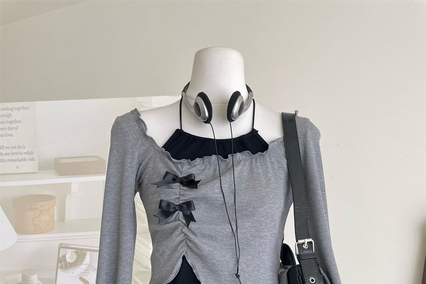 Crop A-Line Top / Neck Square Mini Asymmetrical Long-Sleeve Set Halter Skirt