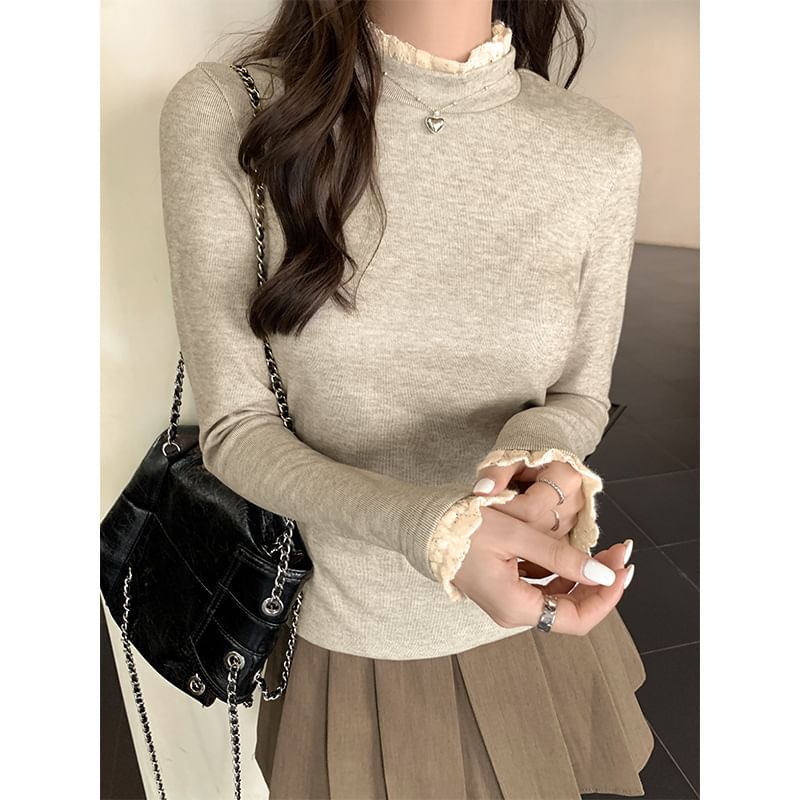Long-Sleeve Mock Neck Lace Trim Slim Fit Tee