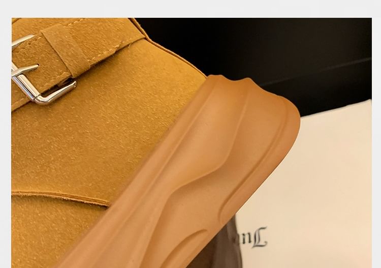 Buckled Fleece-Lined Platform Short Snow Boots