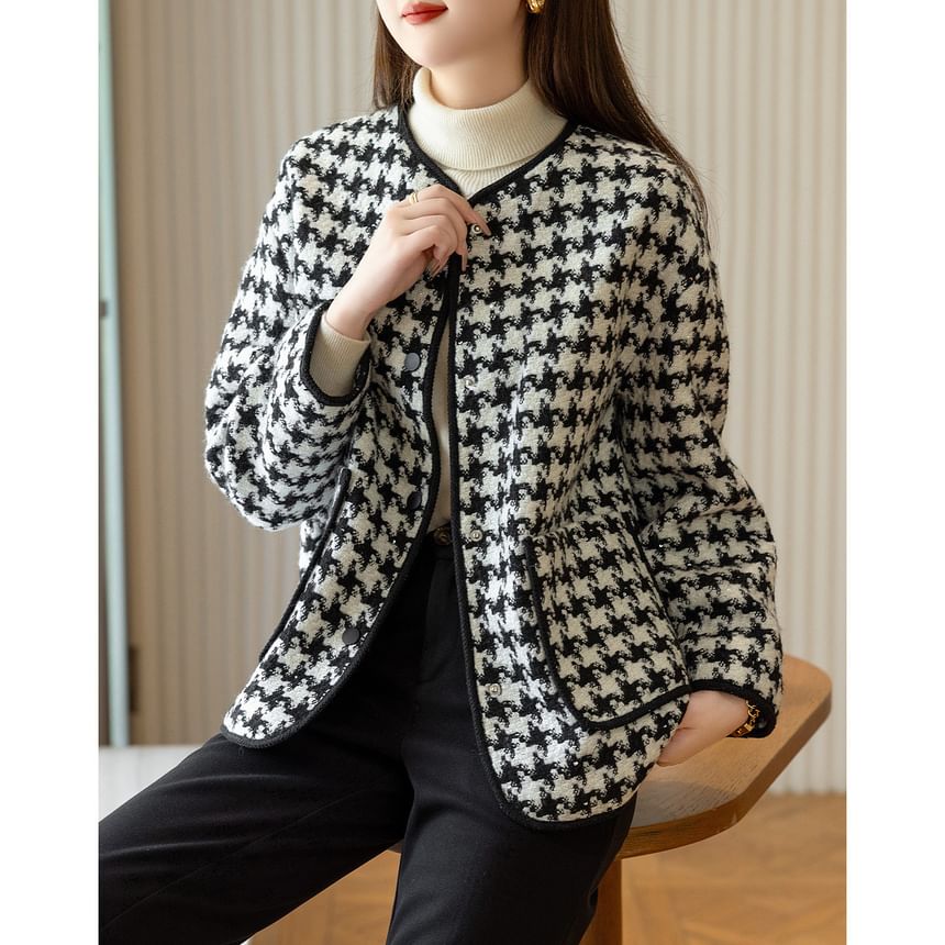 V-Neck Houndstooth Tweed Button Jacket