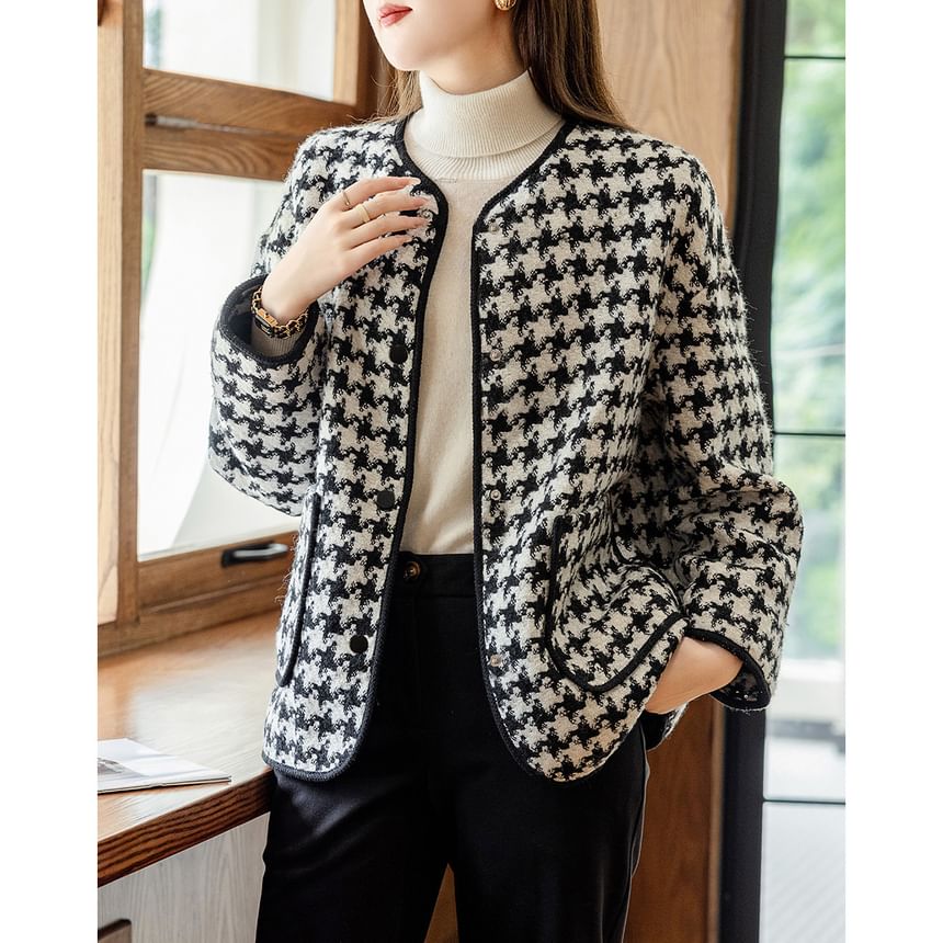 V-Neck Houndstooth Tweed Button Jacket