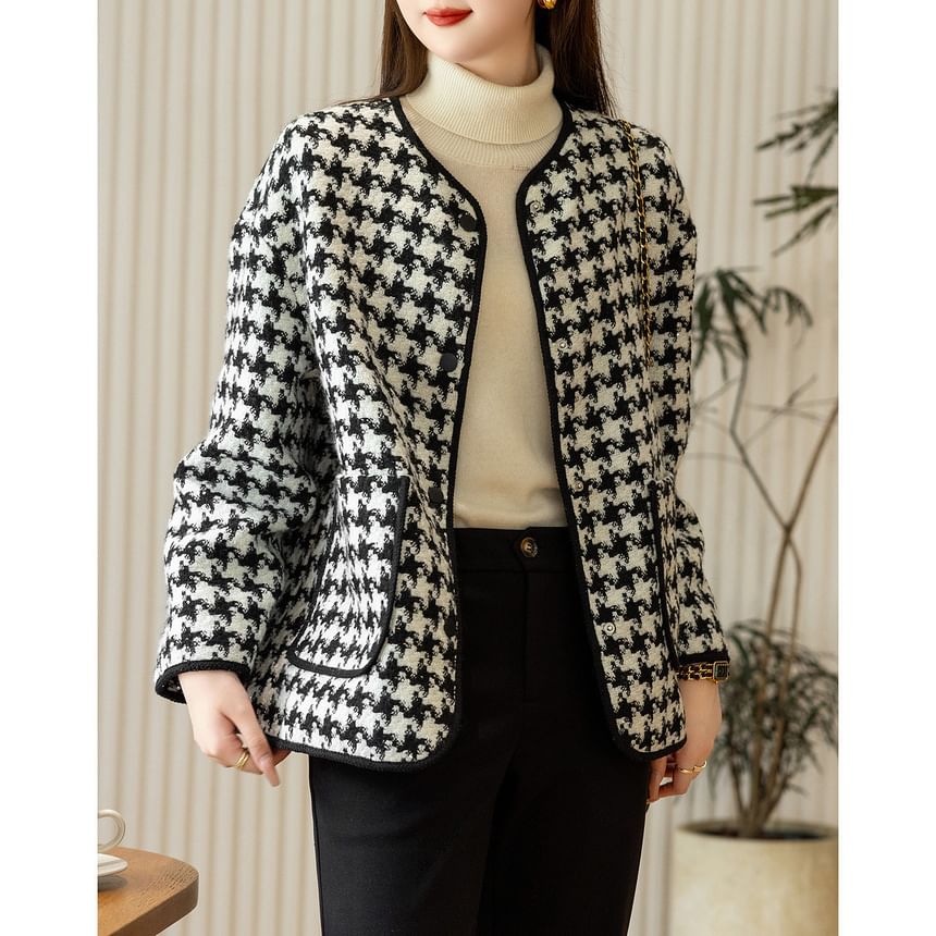 V-Neck Houndstooth Tweed Button Jacket