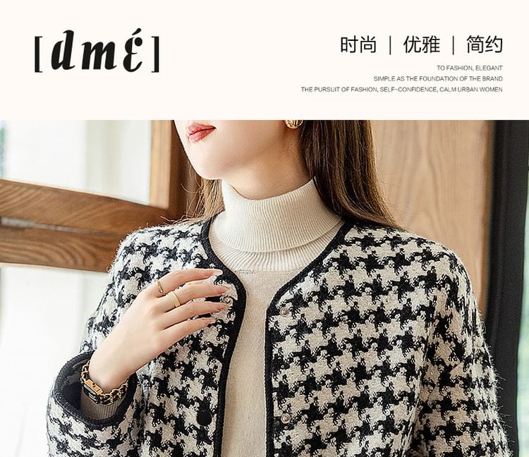 V-Neck Houndstooth Tweed Button Jacket
