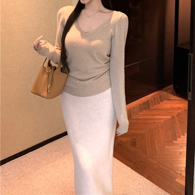 Plain Sleeve Top Skirt Knit V-Neck High Long Rise Pencil Maxi / Bow