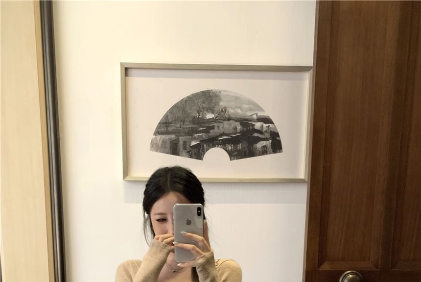 Plain Sleeve Top Skirt Knit V-Neck High Long Rise Pencil Maxi / Bow