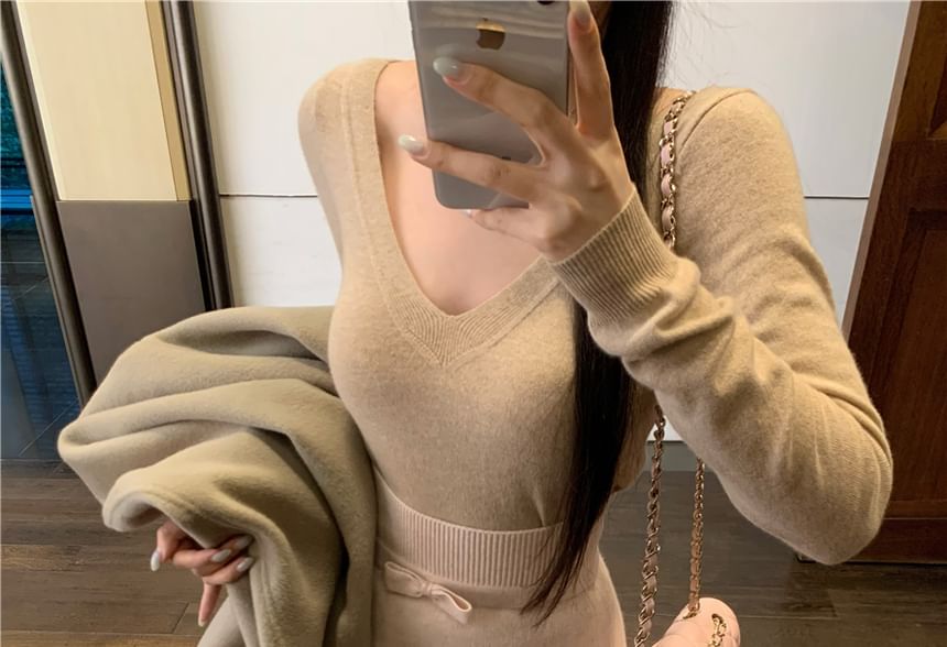 Plain Sleeve Top Skirt Knit V-Neck High Long Rise Pencil Maxi / Bow