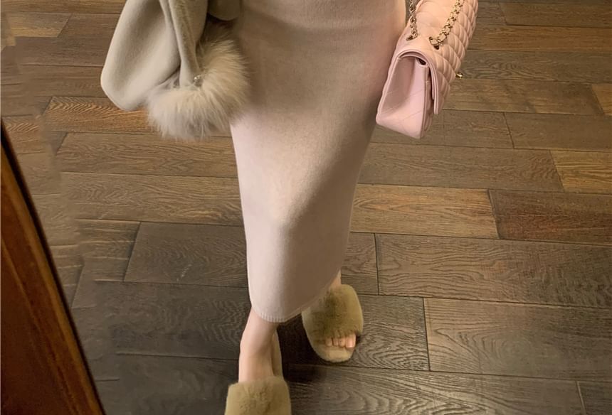 Plain Sleeve Top Skirt Knit V-Neck High Long Rise Pencil Maxi / Bow