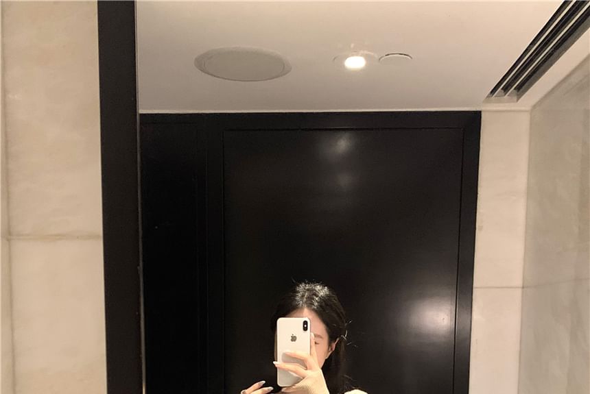 Plain Sleeve Top Skirt Knit V-Neck High Long Rise Pencil Maxi / Bow