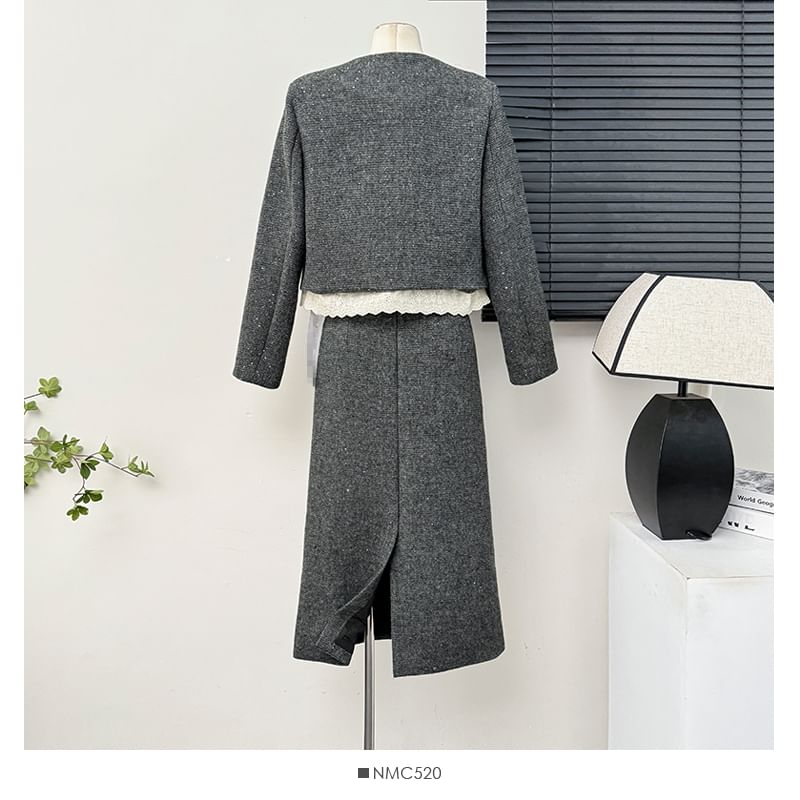 Set: Lace-Hem Tweed Blazer + Slited Midi Skirt