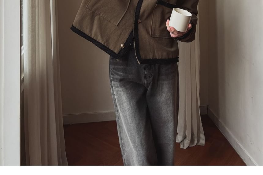 Unisex Round Neck Button-Up Tweed Jacket