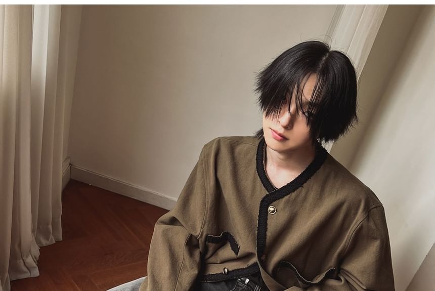 Unisex Round Neck Button-Up Tweed Jacket