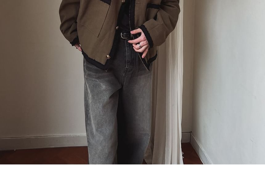 Unisex Round Neck Button-Up Tweed Jacket