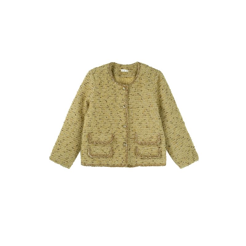 Plus Size U-Neck Tweed Button-Up Jacket