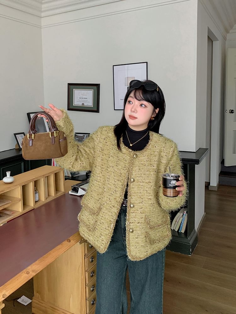 Plus Size U-Neck Tweed Button-Up Jacket