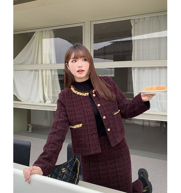 Set: Round Neck Sequin Tweed Button Jacket + High Waist Midi Straight Skirt