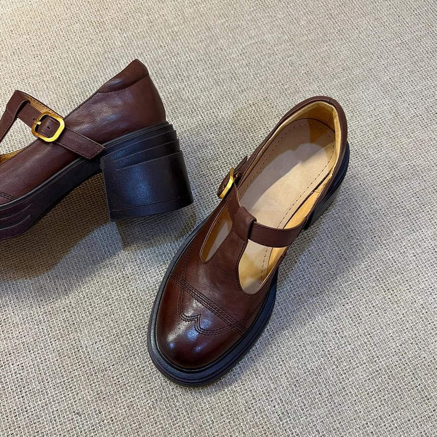 Platform T-Strap Plain Faux Leather Mary Jane Shoes