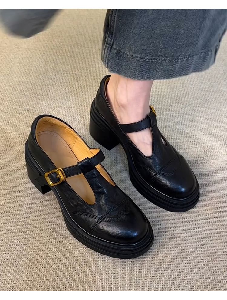 Platform T-Strap Plain Faux Leather Mary Jane Shoes