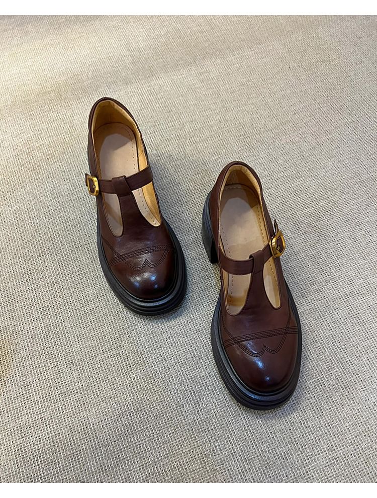 Platform T-Strap Plain Faux Leather Mary Jane Shoes