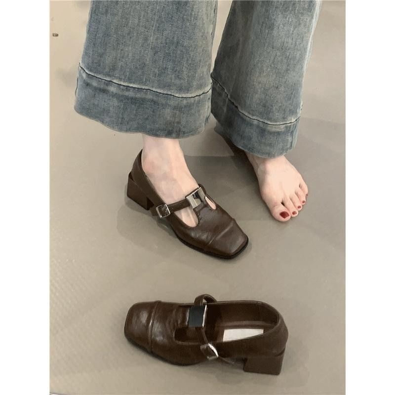 Jane Mary Faux Plain Heel Chunky Toe T-Strap Square Pumps Leather