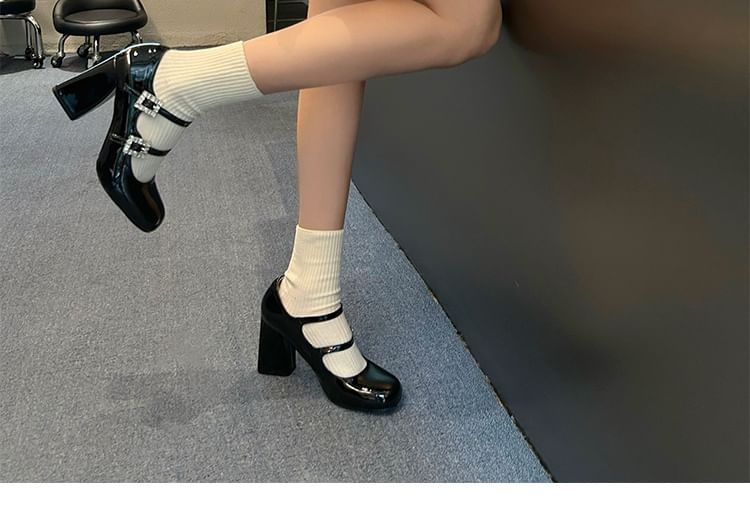 Jane Patent Leather Mary Chunky Heel Pumps Buckled Rhinestone