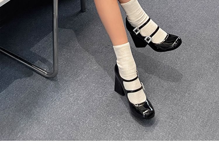 Jane Patent Leather Mary Chunky Heel Pumps Buckled Rhinestone
