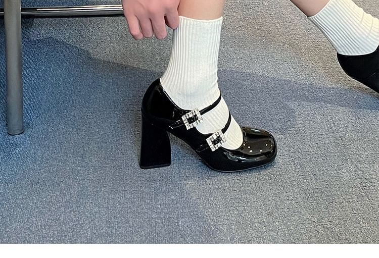 Jane Patent Leather Mary Chunky Heel Pumps Buckled Rhinestone