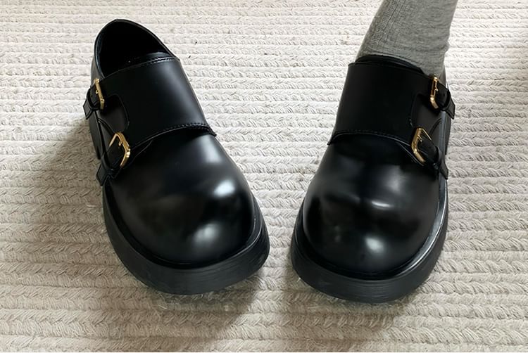 Monk Faux Platform Leather Plain Strap Shoes