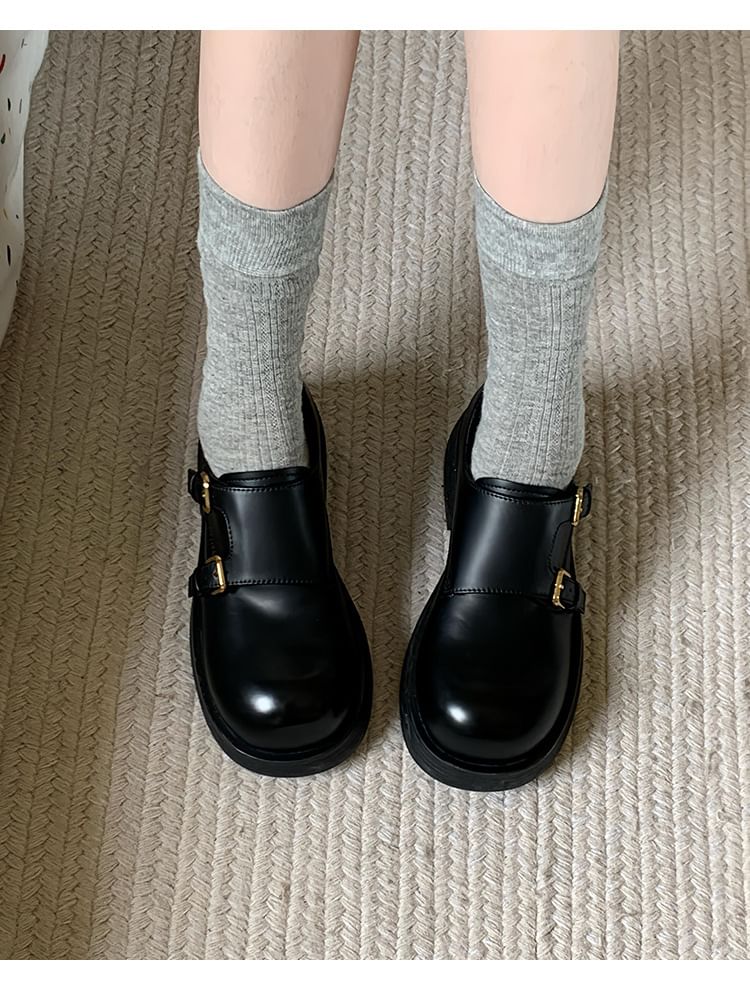 Monk Faux Platform Leather Plain Strap Shoes