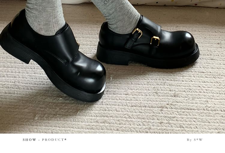 Monk Faux Platform Leather Plain Strap Shoes