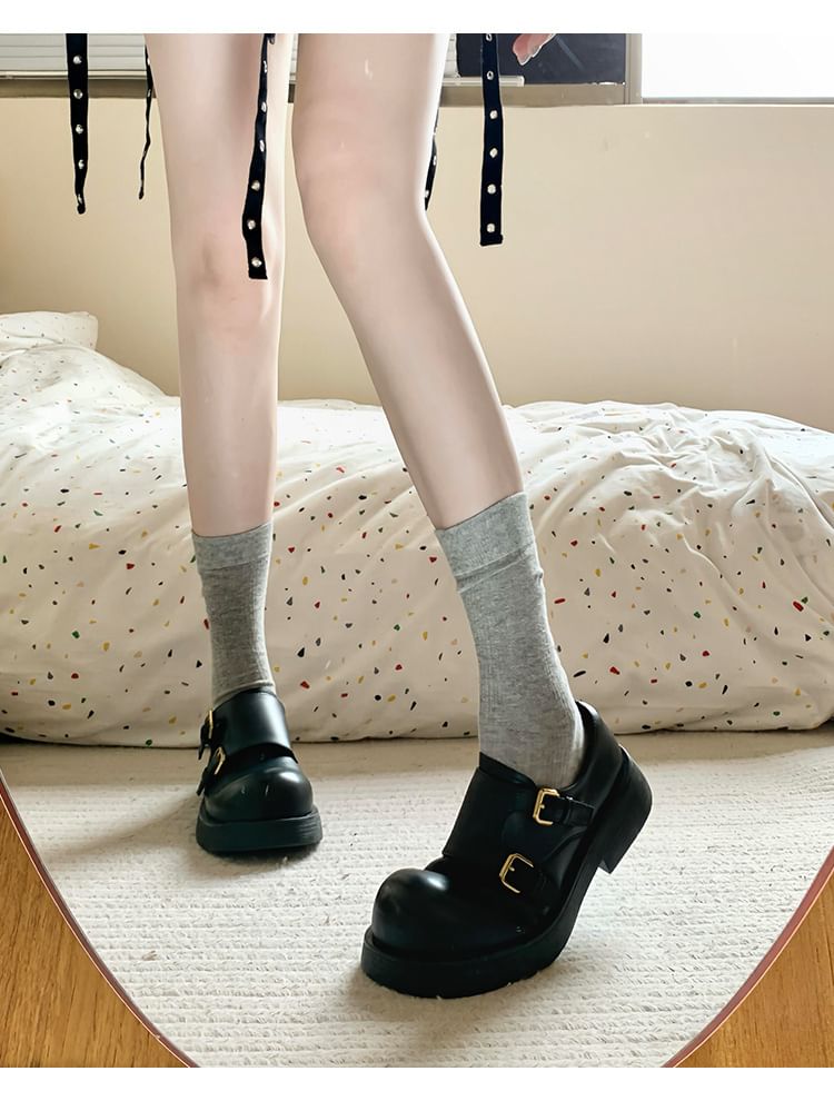 Monk Faux Platform Leather Plain Strap Shoes