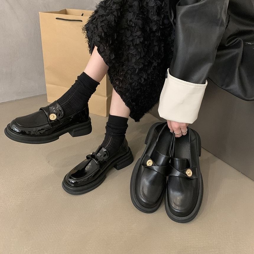 Metal Faux Platform Loafers Accent Leather