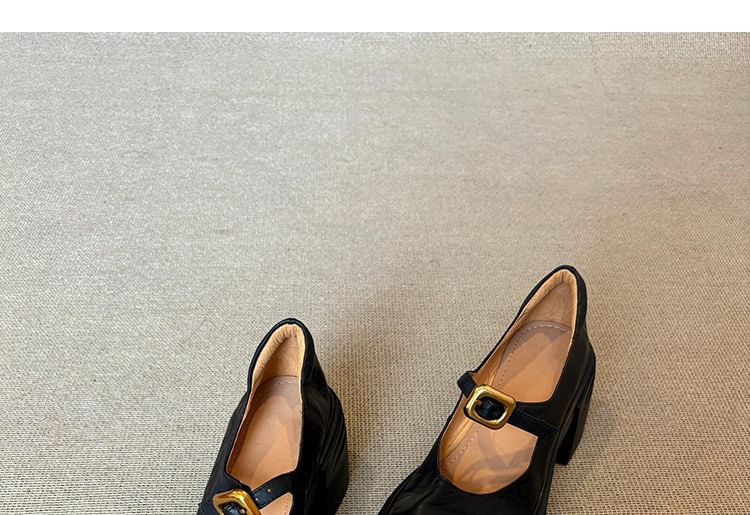 Leather Shoes Faux Heel Buckled Plain Mary Chunky Jane