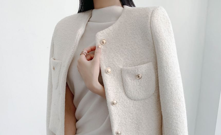 Long Sleeve Round Neck Tweed Cropped Jacket